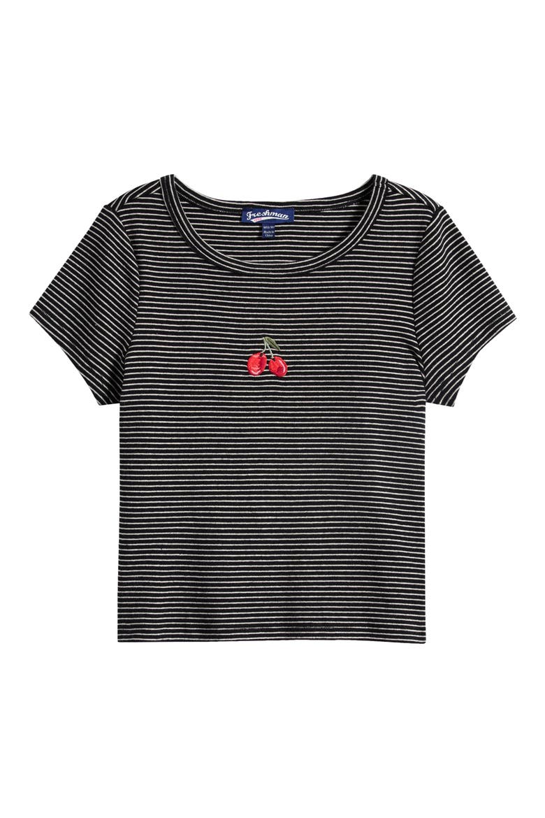 Kids' Stripe Cherry Embroidered Cotton T-Shirt, Main, color, BLACK WHITE STRIPE