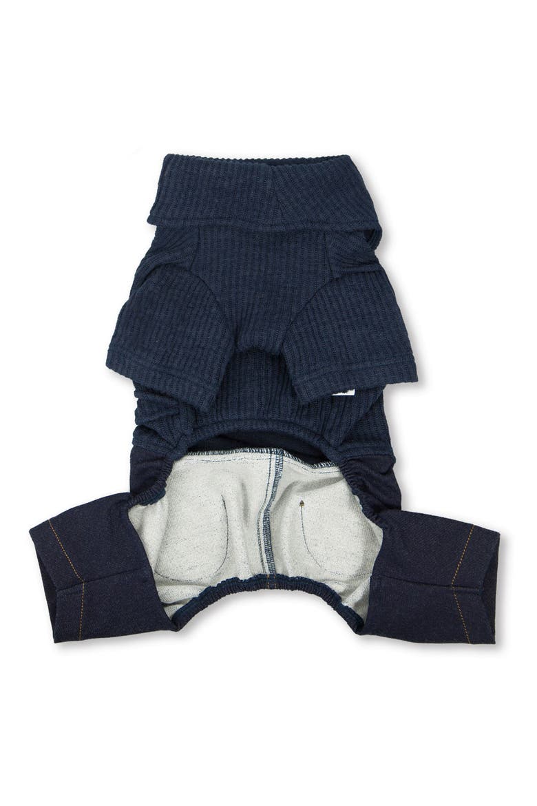 Pet Life® Touchdog Vogue Neck-Wrap Sweater and Denim Pant Outfit - Small, Alternate, color, NAVY