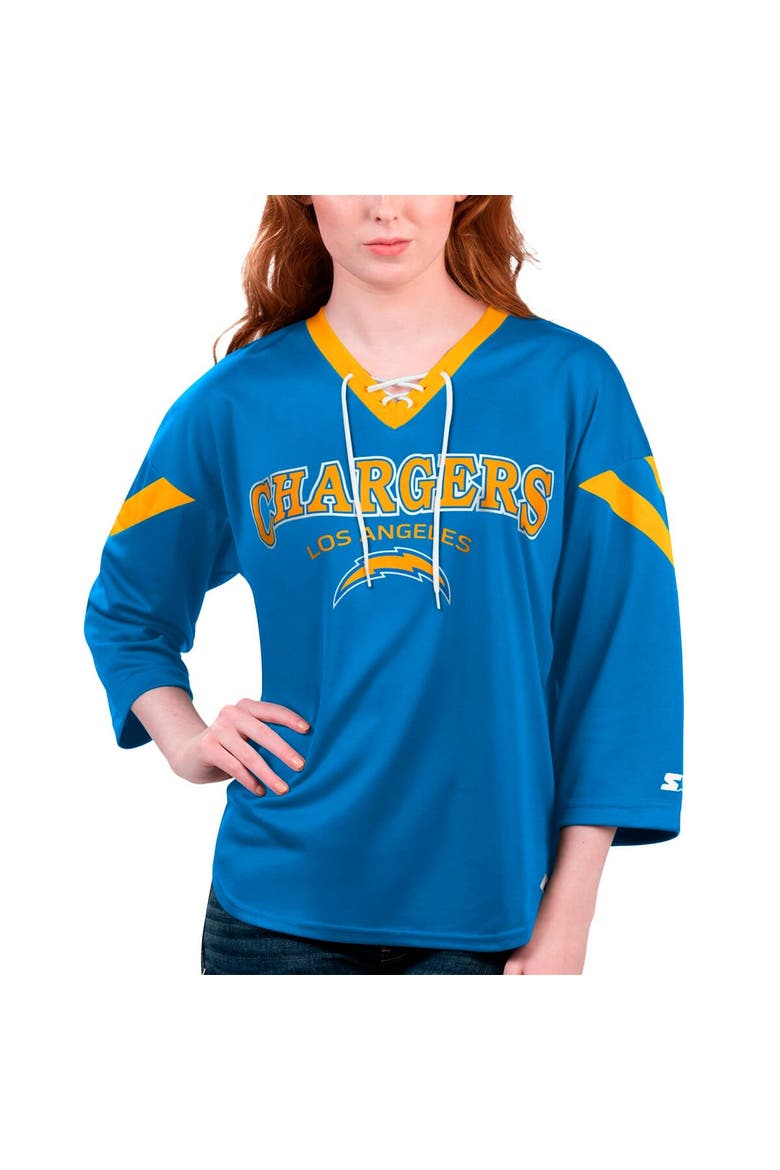 Women's Starter Powder Blue Los Angeles Chargers Rally Lace-Up 3/4 Sleeve T-Shirt, Alternate, color, Powder Blue