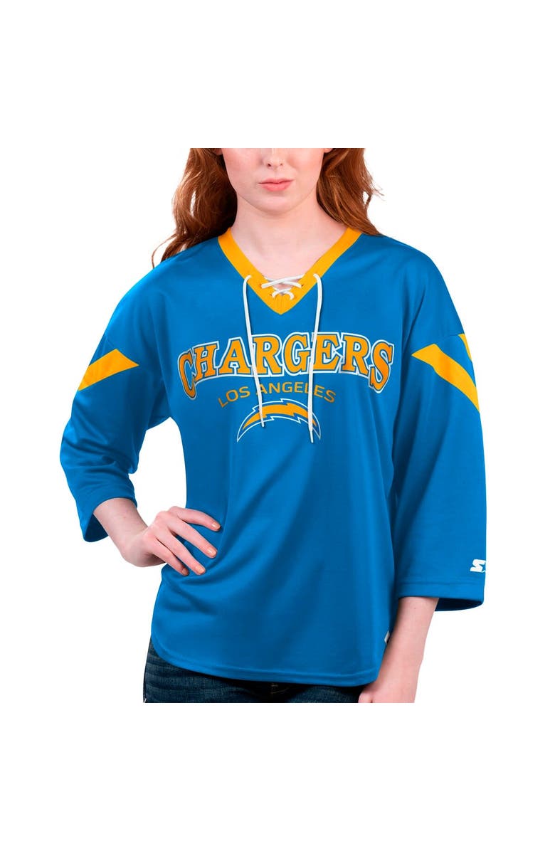 STARTER Women's Starter Powder Blue Los Angeles Chargers Rally Lace-Up 3/4 Sleeve T-Shirt, Alternate, color, Powder Blue