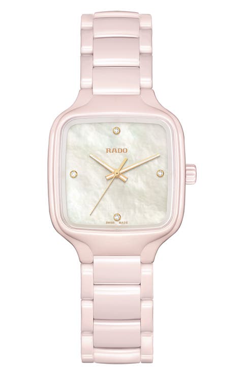 True Square Diamond Mother-of-Pearl Bracelet Watch, 29mm