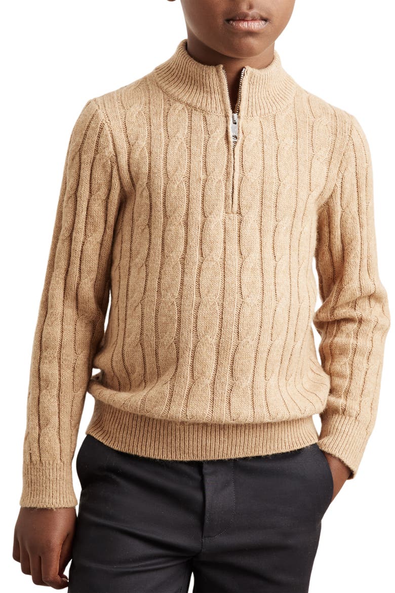 Kids' Clovelly Quarter Zip Wool Blend Cable Sweater, Alternate, color, CAMEL MELANGE
