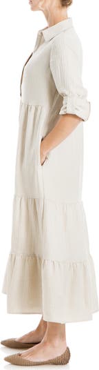 Tiered Long Sleeve Gauze Shirtdress