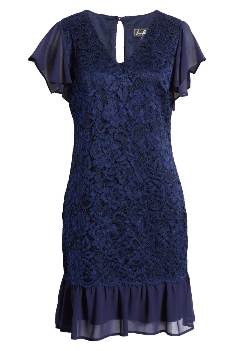 Flutter Sleeve Lace & Chiffon Dress, Alternate, color, NAVY