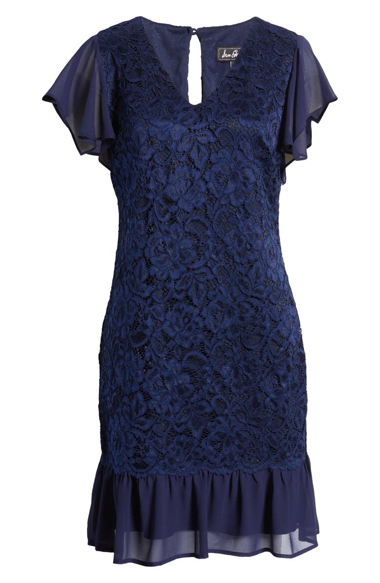Sam Edelman Flutter Sleeve Lace & Chiffon Dress, Alternate, color, Navy
