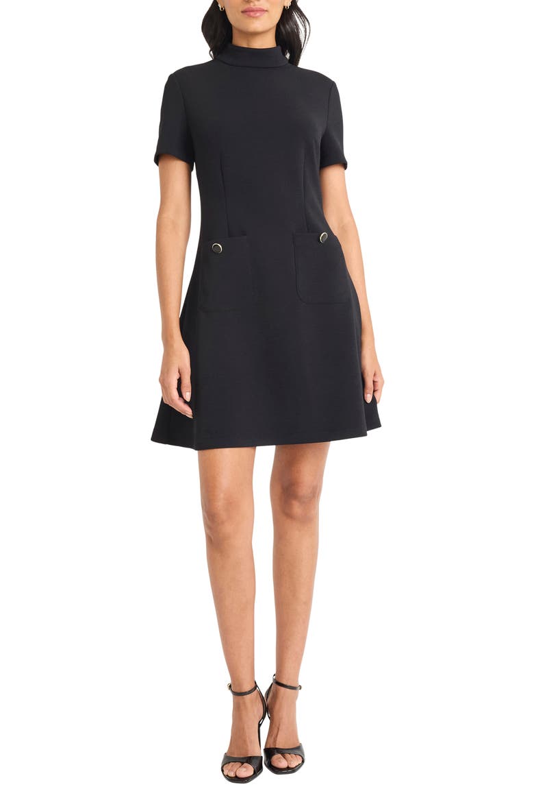 Patch Pocket Short Sleeve Stretch Crepe Minidress, Main, color, BLACK