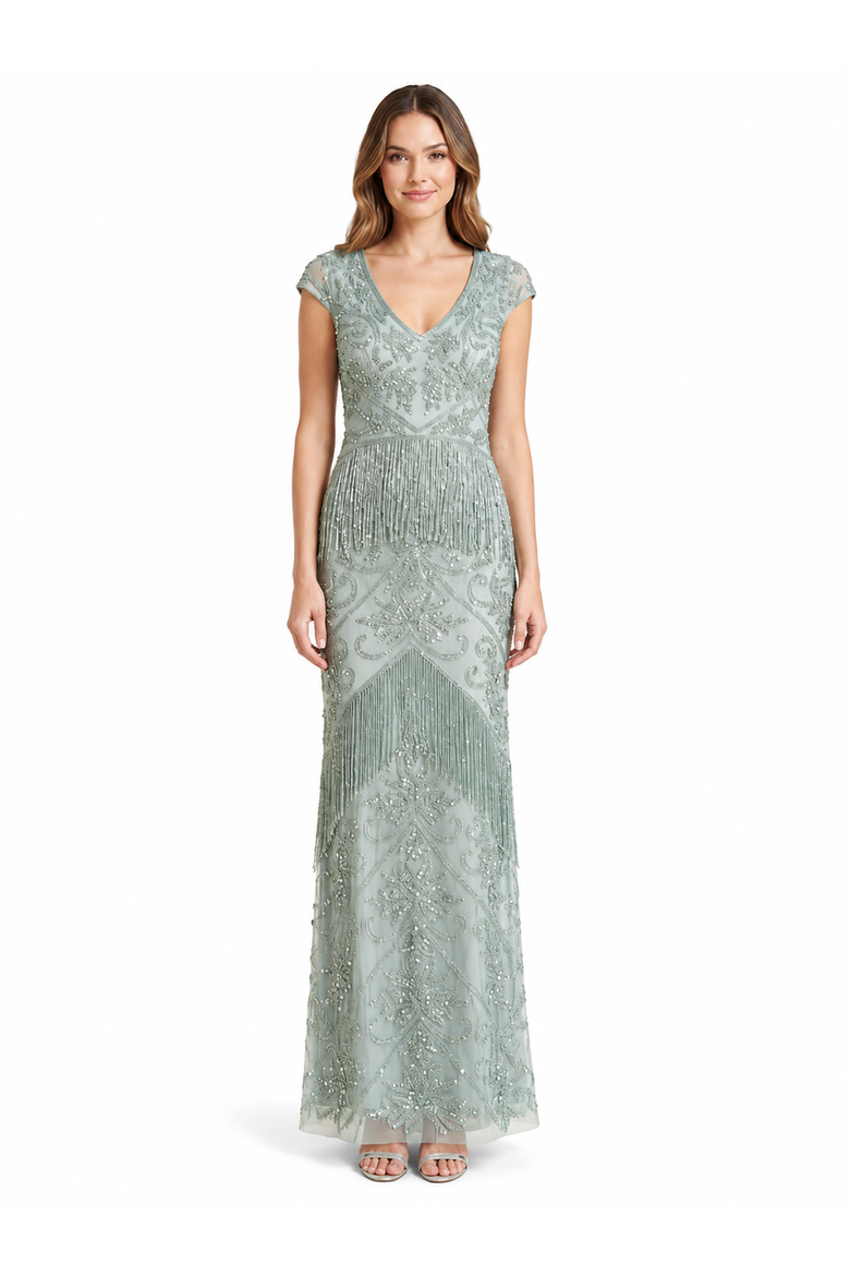 Cap Sleeve Beaded Gown with Fringe, Alternate, color, Dusty Green