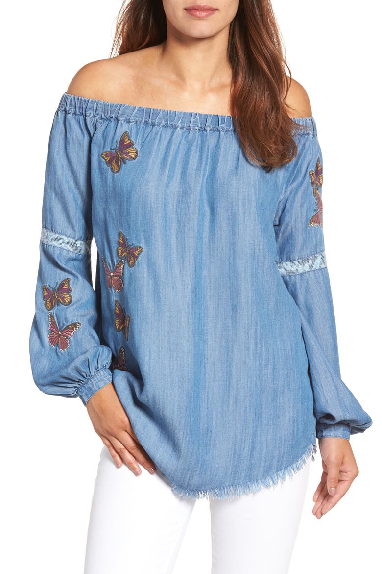Embroidered Off the Shoulder Top, Main, color, BLUE BUTTERFLY