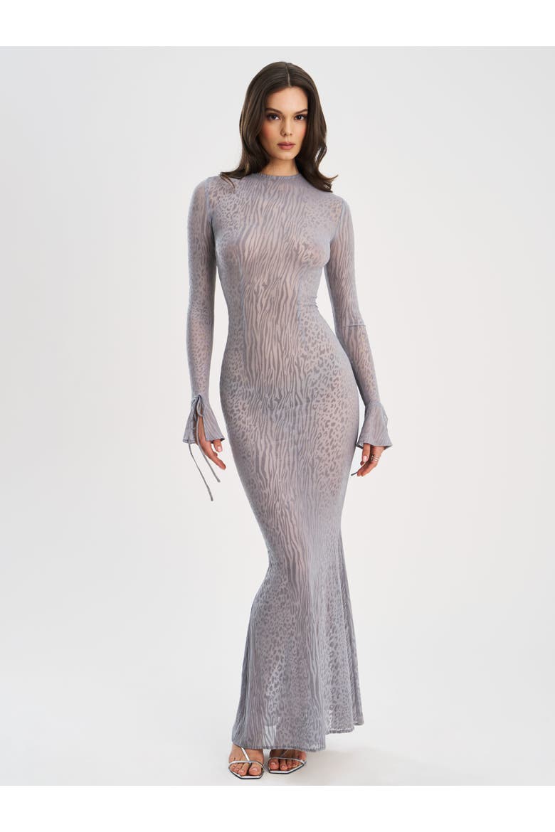 Waylynn Gray Animal Print Burnout Velvet Detail Mesh Backless Maxi Dress, Alternate, color, Grey