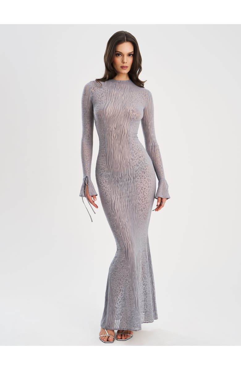 Miss Circle Waylynn Gray Animal Print Burnout Velvet Detail Mesh Backless Maxi Dress, Alternate, color, Grey