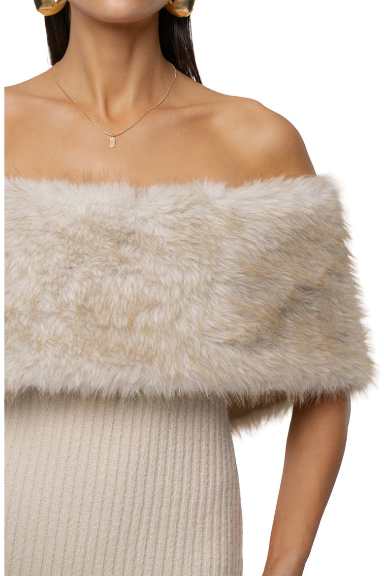 Hour Faux Fur Detail Off-the-Shoulder Rib Knit Dress, Alternate, color, BEIGE