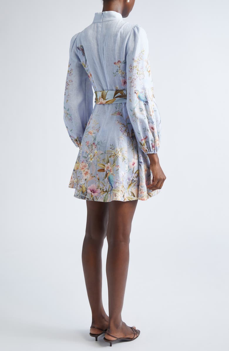 Zimmermann Rebellion Long Sleeve Linen Belted Minidress, Alternate, color, Blue Aviary