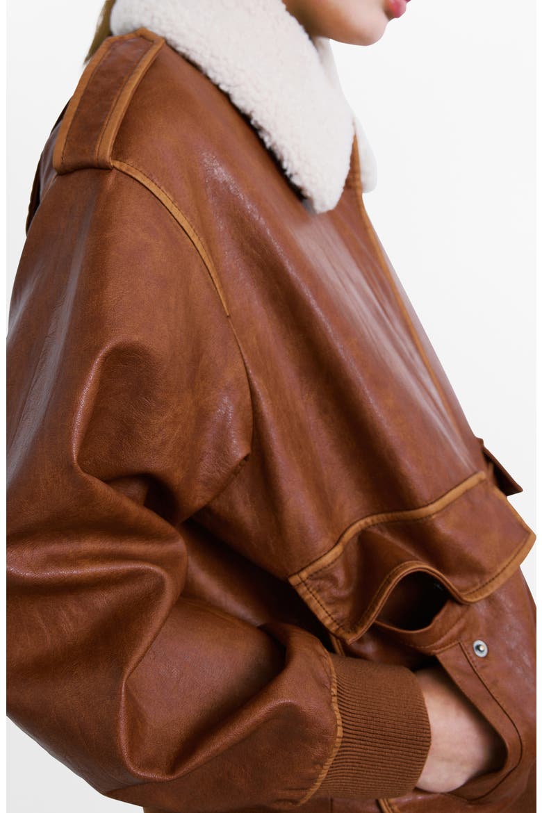 Faux Leather Jacket with Removable Faux Shearling Collar, Alternate, color, BROWN