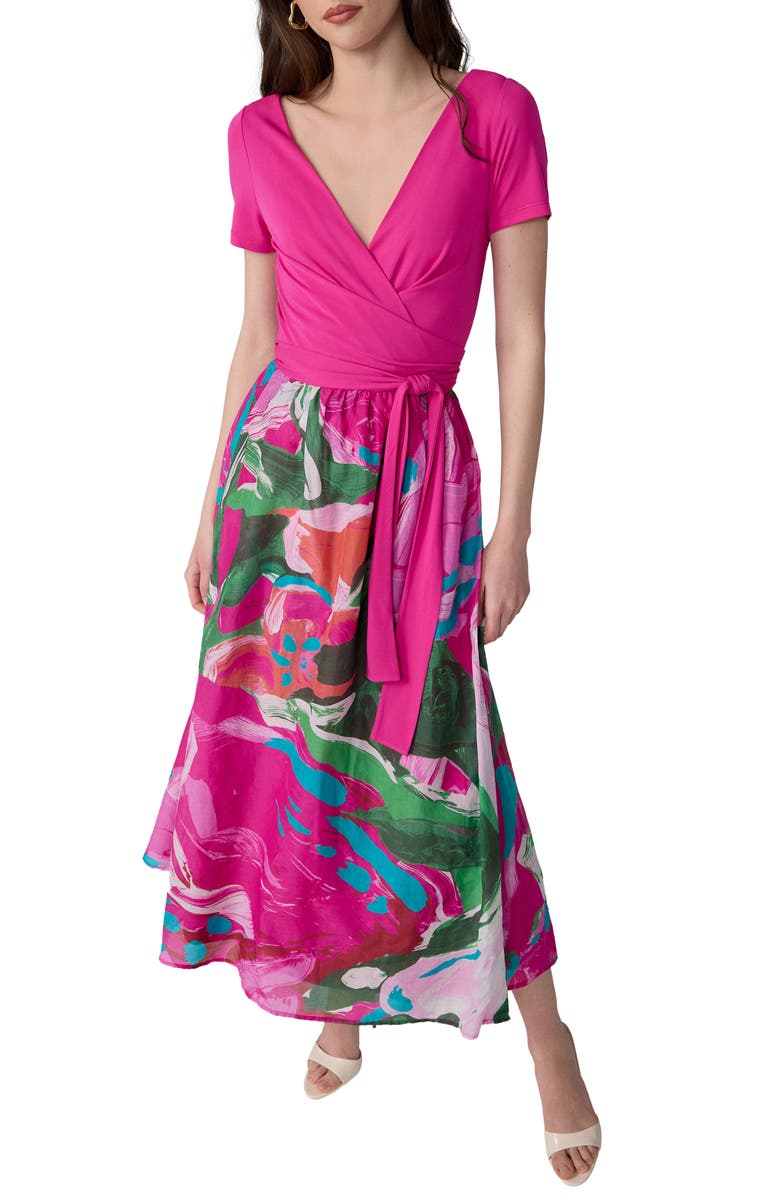 Diane von Furstenberg Elena Abstract Print Wrap Bodice Midi Dress, Alternate, color, Provence Giant Gossip Pink