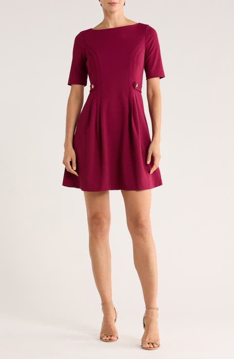 Elbow Length Sleeve Scuba Crepe Fit & Flare Dress