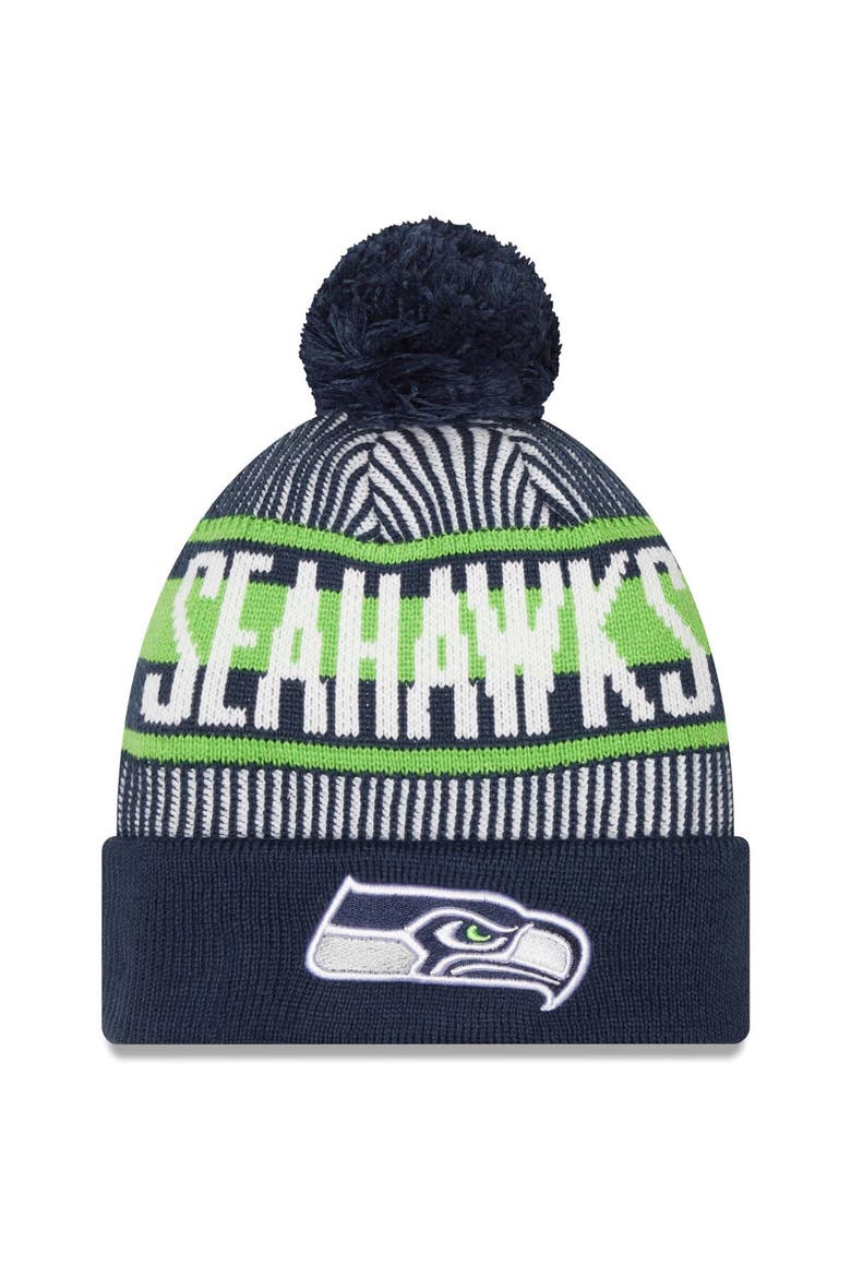 Men's New Era College Navy Seattle Seahawks Striped Cuffed Knit Hat with Pom, Main, color, Navy