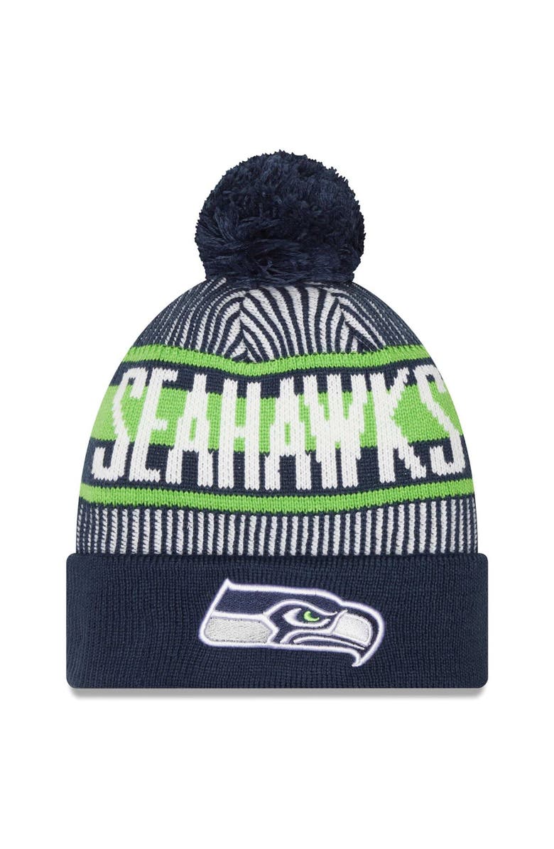 New Era Men's New Era College Navy Seattle Seahawks Striped Cuffed Knit Hat with Pom, Main, color, Navy