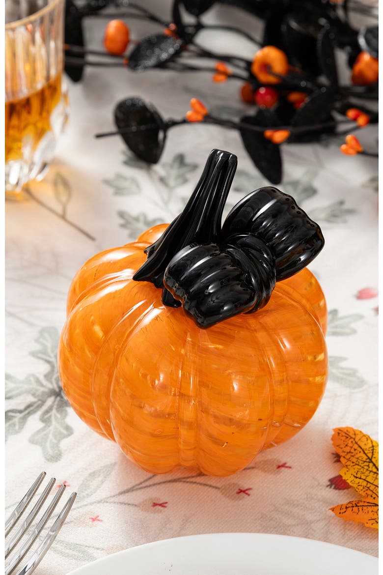 Halloween Striped Glass Pumpkin with Bow, Alternate, color, Orange