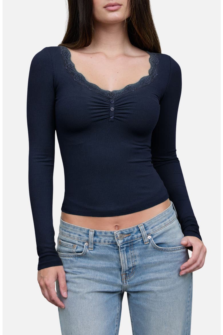 Lace Trim Knit Henley Top, Main, color, NAVY