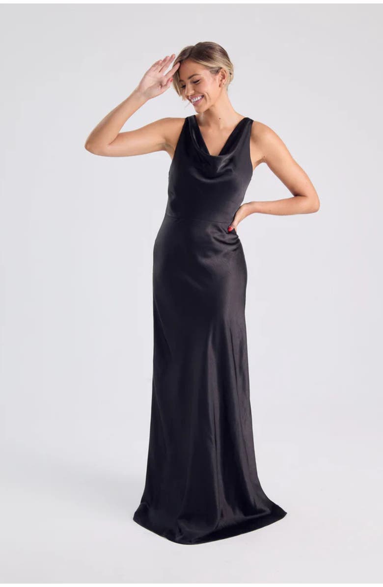 Six Stories Chiffon Bandeau Satin Maxi Dress, Main, color, Black