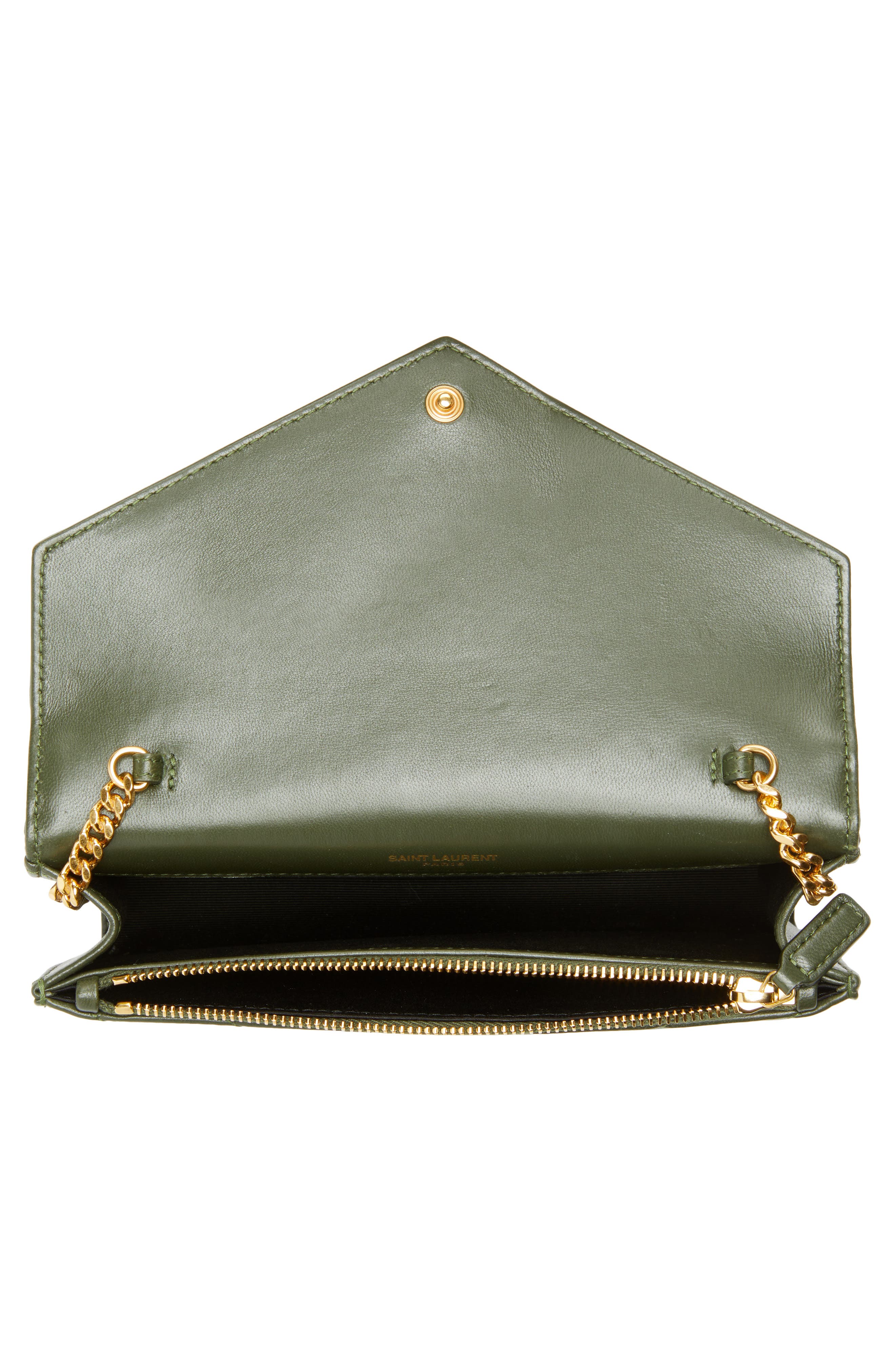 Saint Laurent Cassandre Quilted Leather Wallet on a Chain, Alternate, color, Olive Wood