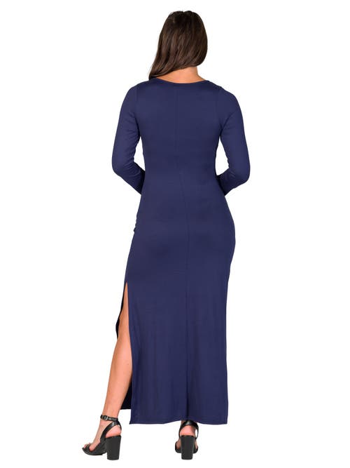 24seven Comfort Apparel Long Sleeve Side Slit Fitted Black Maxi Dress In Blue