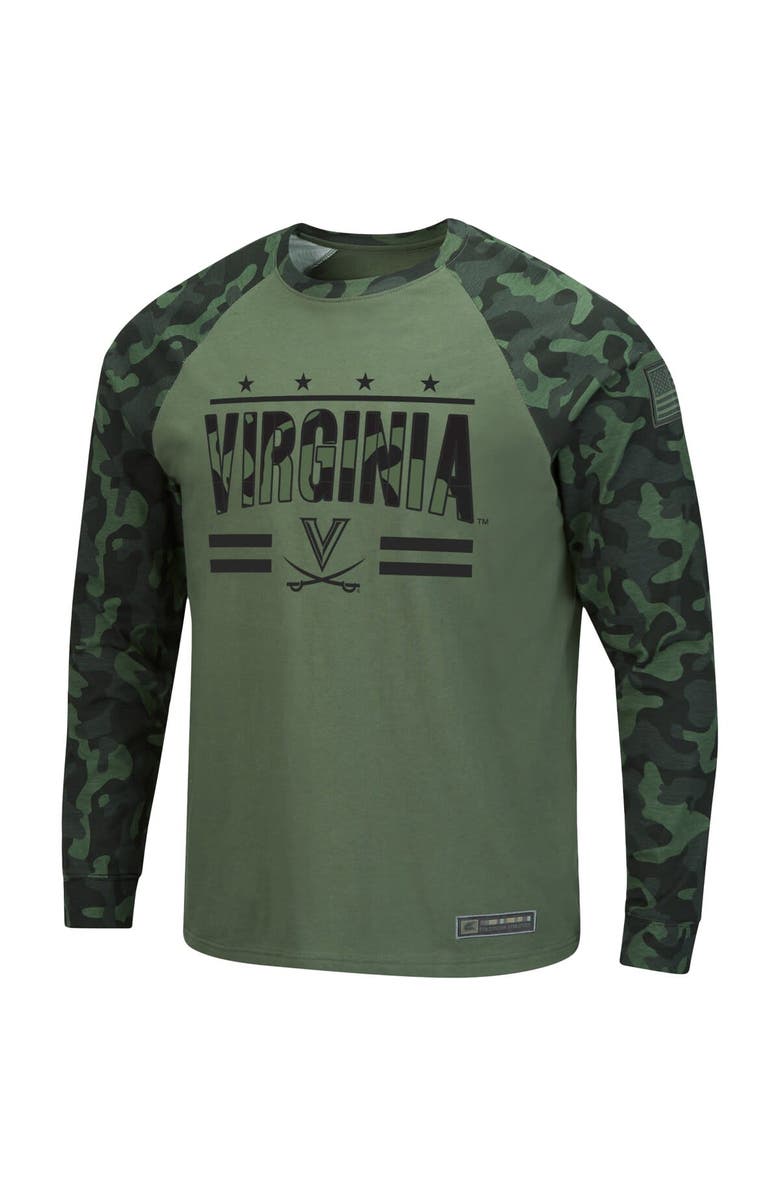 COLOSSEUM Men's Colosseum Olive/Camo Virginia Cavaliers OHT Military Appreciation Slim-Fit Raglan Long Sleeve T-Shirt, Alternate, color, 