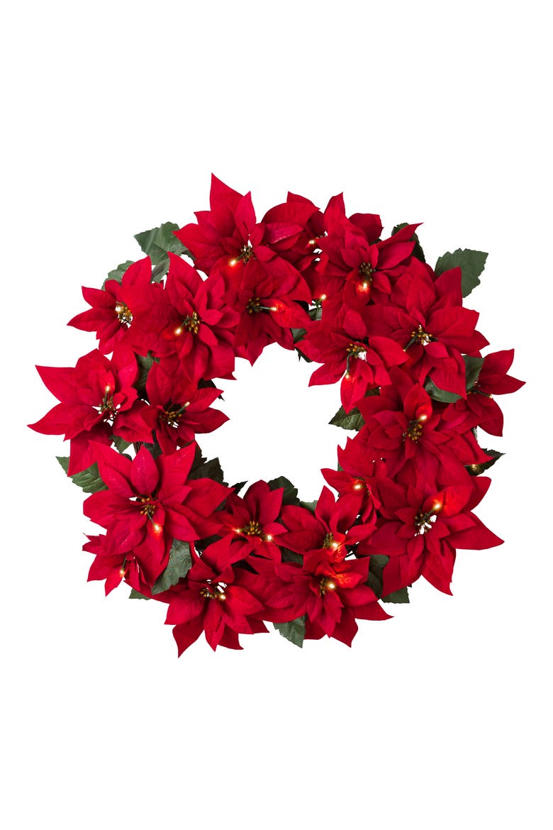 Outdoor Poinsettia Pre Lit Wreath 26", Main, color, RED