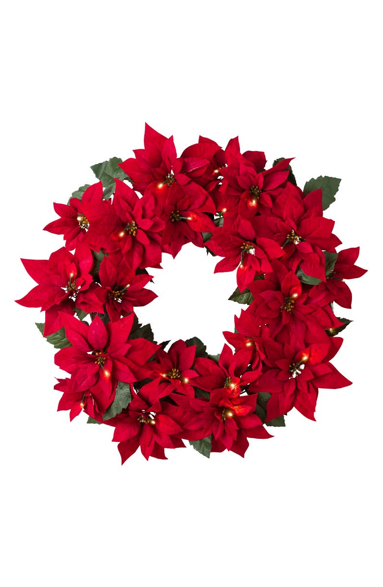 Balsam Hill Outdoor Poinsettia Pre Lit Wreath 26", Main, color, Red