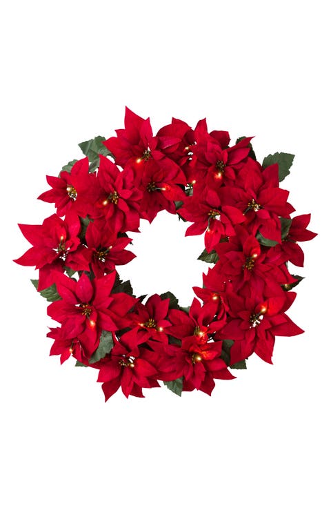 Outdoor Poinsettia Pre Lit Wreath 26"