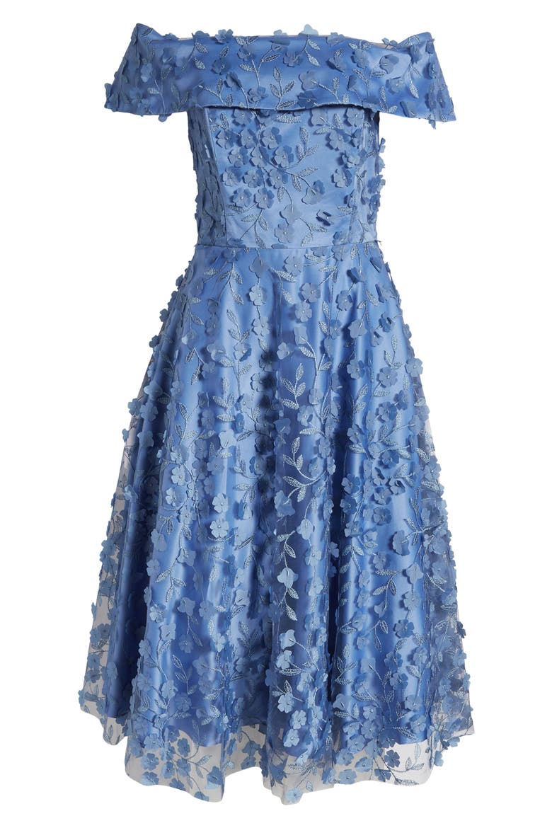 Floral Appliqué Off the Shoulder Midi Cocktail Dress, Alternate, color, SLATE