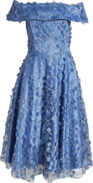 Eliza J Floral Appliqué Off the Shoulder Midi Cocktail Dress