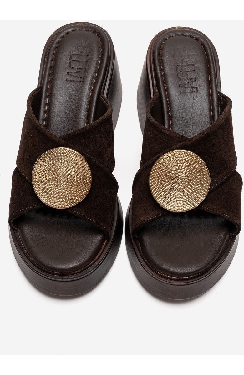 Forever & Always Shoes Fianna Leather Cross Strap Platform Sandal, Alternate, color, Brown Suede