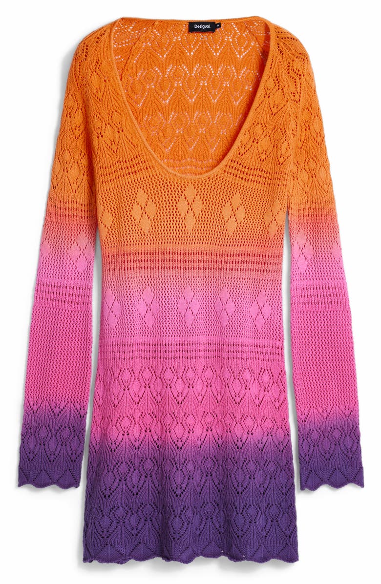 Desigual Colorblock Long Sleeve Open Stitch Cotton Cover-Up Dress, Alternate, color, Orange