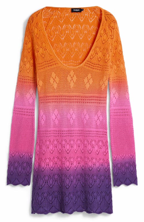Desigual Colorblock Long Sleeve Open Stitch Cotton Cover-up Dress In Multi