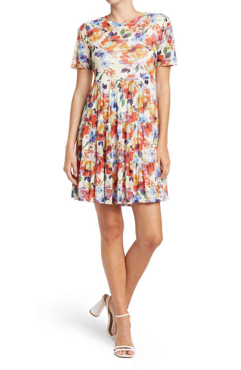 Love By Design Cate Floral Print Tiered T-Shirt Dress, Main, color, Paint Flowers