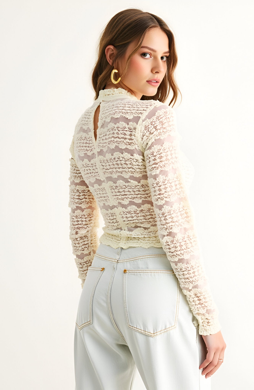 Modenaire Sheer Lace Long Sleeve Top With Scalloped Mock Neck In Neutral