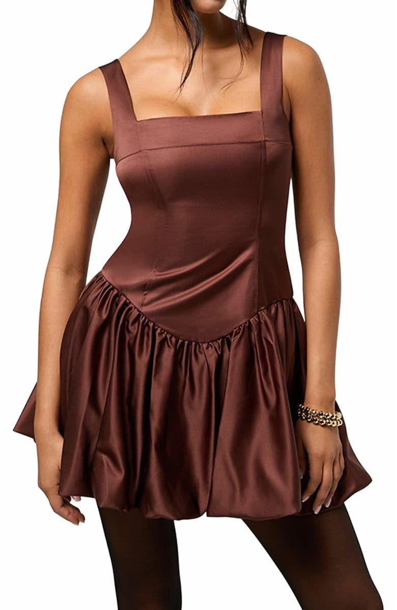 WeWoreWhat Bubble Skirt Corset Mini Dress, Alternate, color, Chocolate