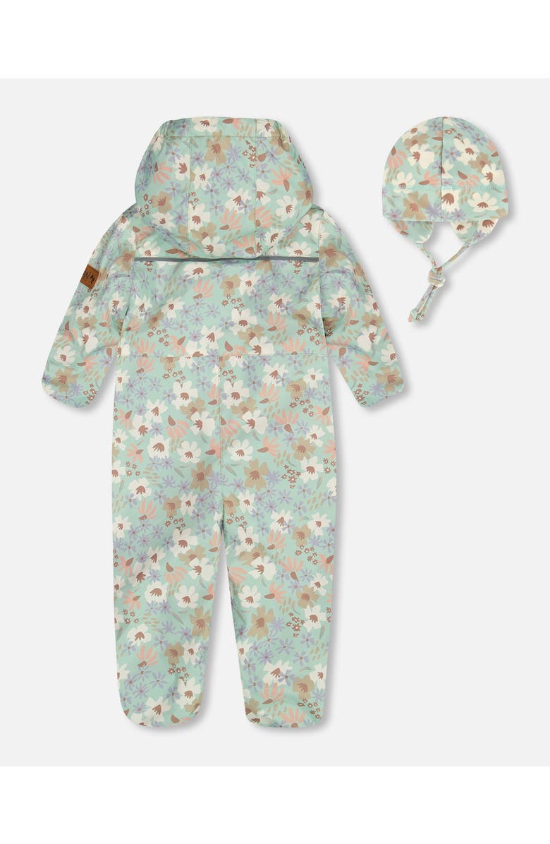 Deux par Deux Baby Girl's Baby Printed Mid-Season One-Piece Outerwear With Hat Small White Flowers On Turquoise And Lilac, Alternate, color,