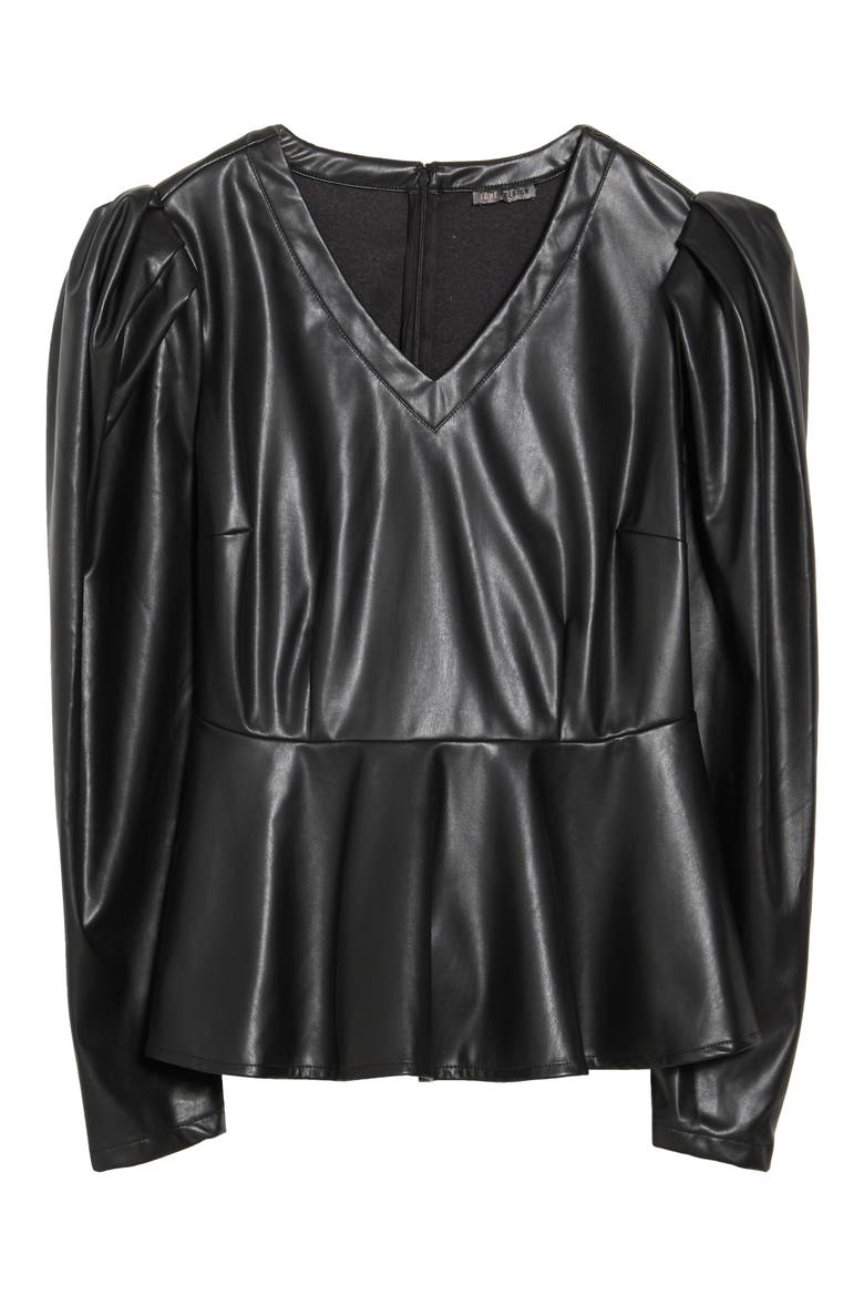 Gloria Faux Leather Puff Long Sleeve Top, Alternate, color, BLACK