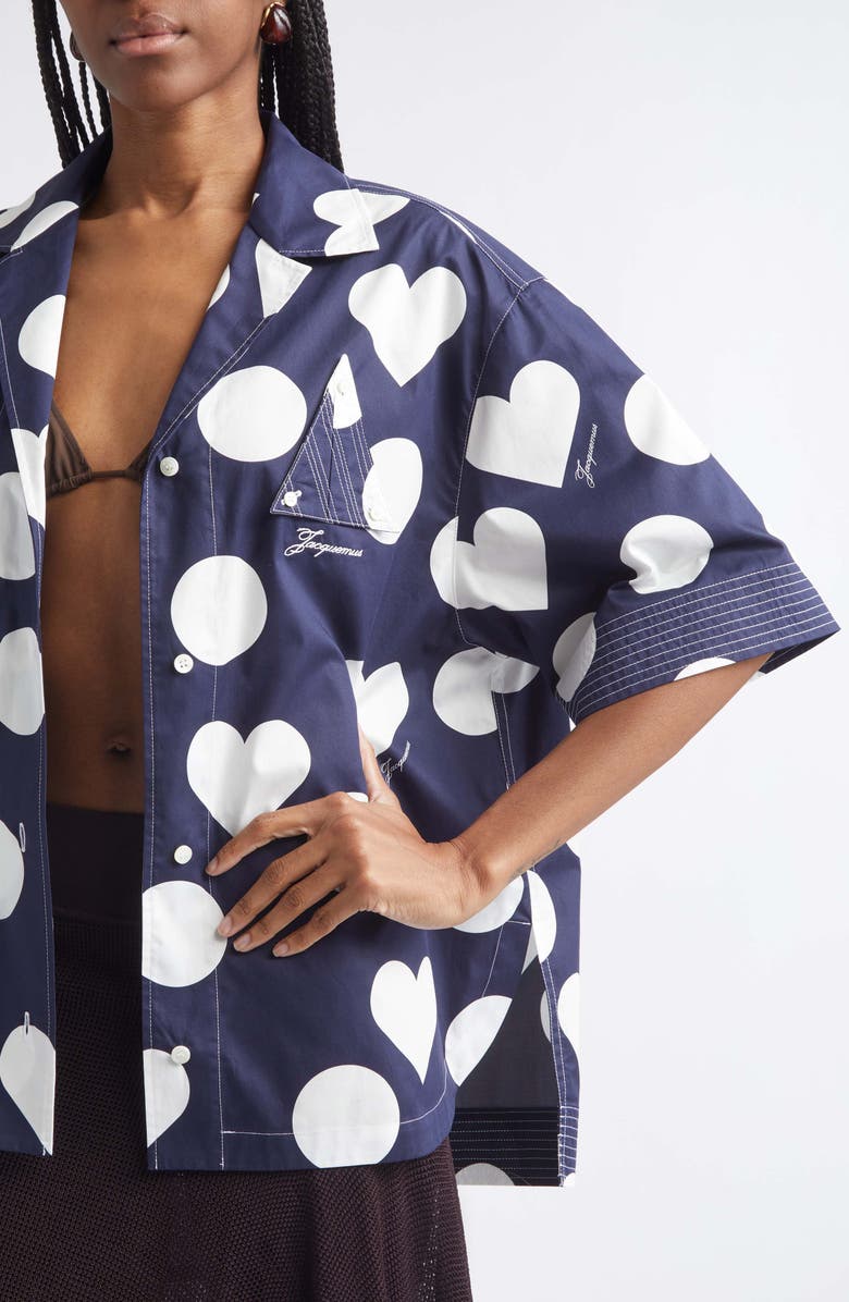 Jacquemus La Chemise Marin Heart Print Button-Up Shirt, Alternate, color, Navy /Dots Hearts