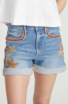 Frannie Seaside Stars Embroidered Cuffed Denim Shorts