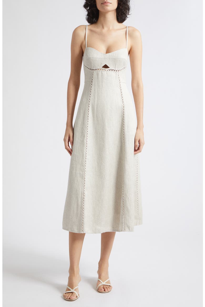 Sage Lattice Inset Linen Blend Midi Dress, Main, color, NEUTRAL