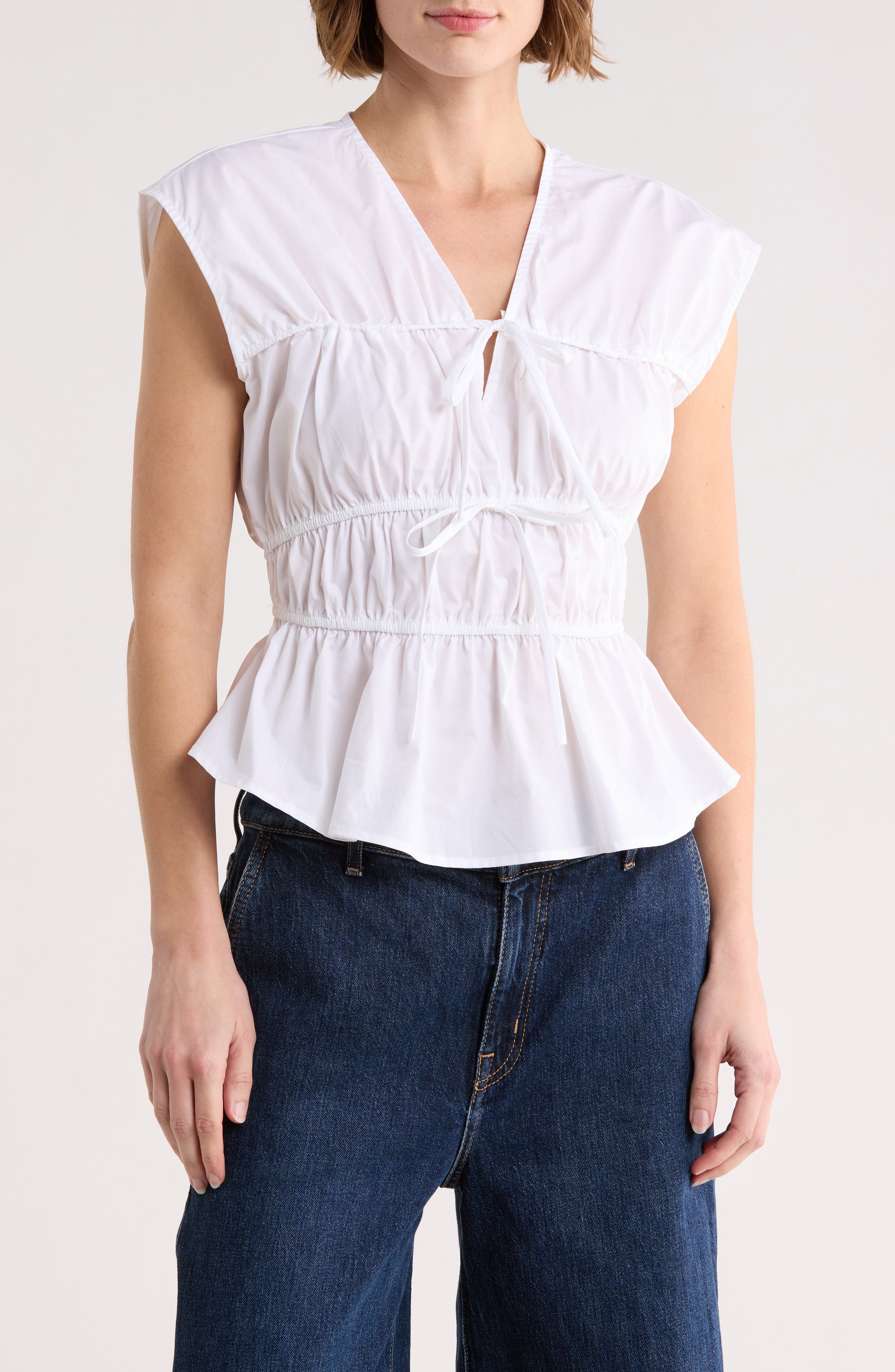 Ellen Tracy Shirred Tie Poplin Top