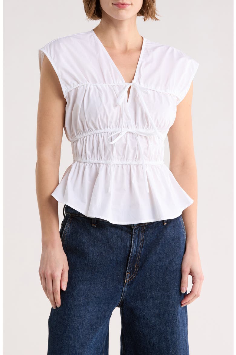 Shirred Tie Poplin Top, Main, color, WHITE