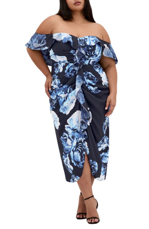 Gina Print Off the Shoulder Midi Dress (Plus)