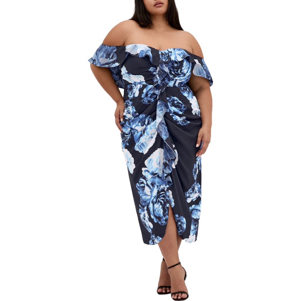 City Chic Gina Print Off The Shoulder Midi Dress In Blue