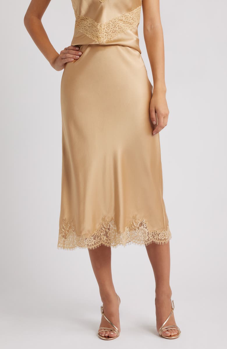 LoveShackFancy Malina Lace Detail Silk Skirt, Main, color, Camel Charm