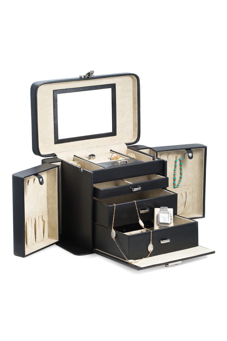 Lizard Print Leather Jewelry Box, Alternate, color, BLACK