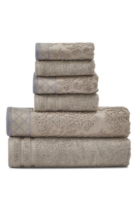 Embellished Border Damask Jacquard Towel 6-Piece Set - Grey